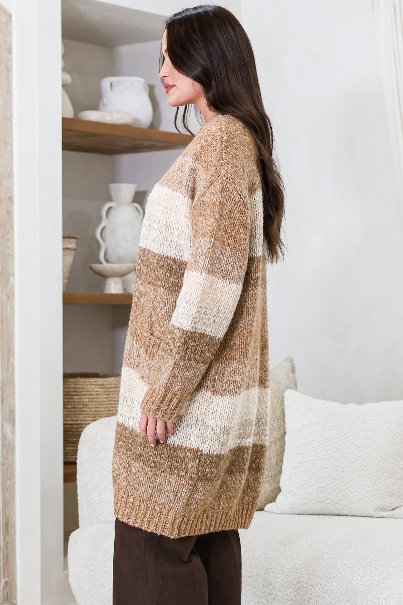 Ollie Cardigan - Open Front Stripe Knit with Pockets in Camel