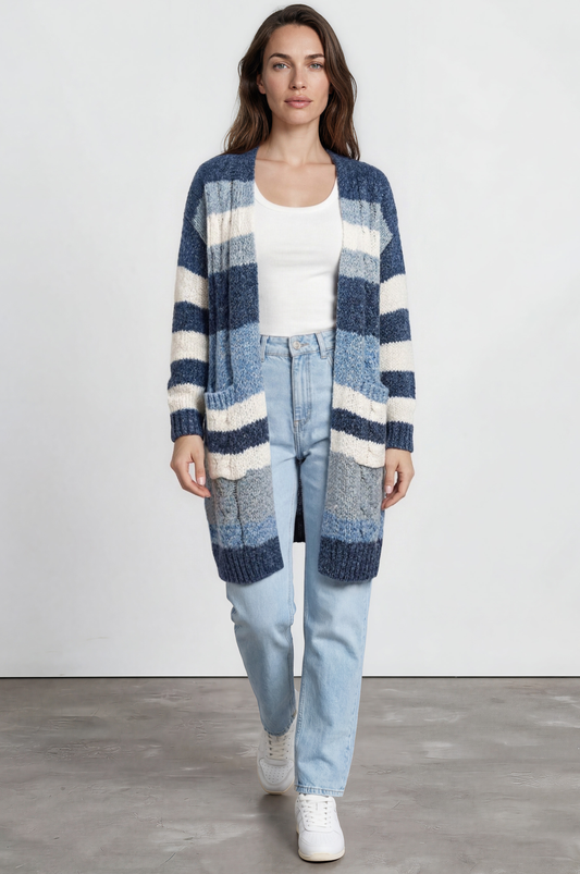 Ollie Cardigan - Open Front Stripe Knit with Pockets in Blue
