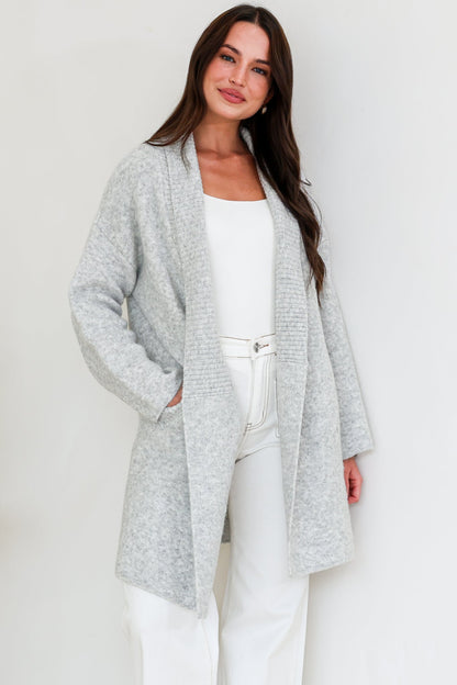 Oswin Cardigan - Open Front Ribbed Shawl Collar Knit with Pockets in Grey