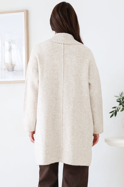 Oswin Cardigan - Open Front Ribbed Shawl Collar Knit with Pockets in Oatmeal