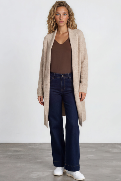 Oswin Cardigan - Open Front Ribbed Shawl Collar Knit with Pockets in Beige