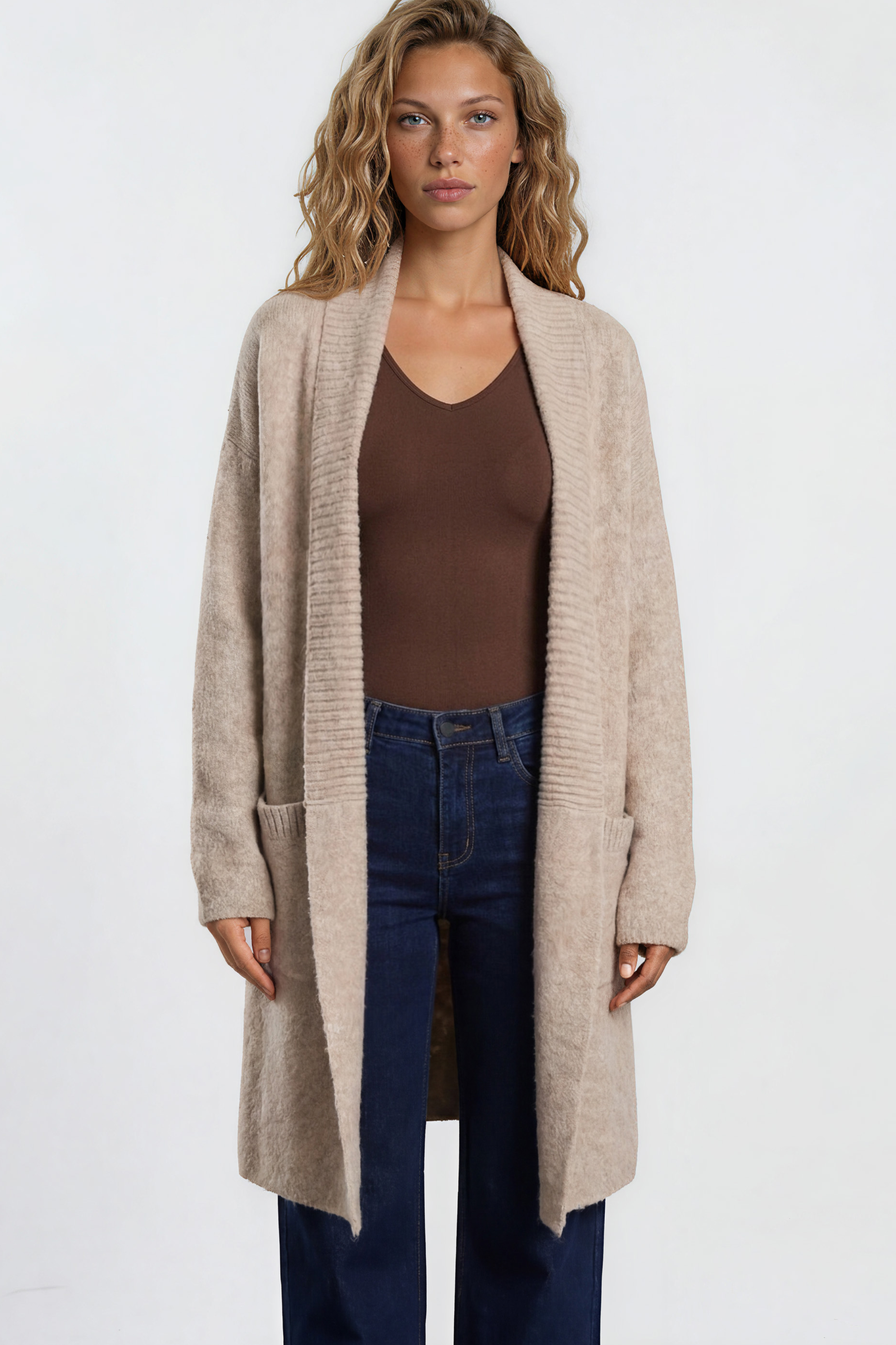 Oswin Cardigan - Open Front Ribbed Shawl Collar Knit with Pockets in Beige