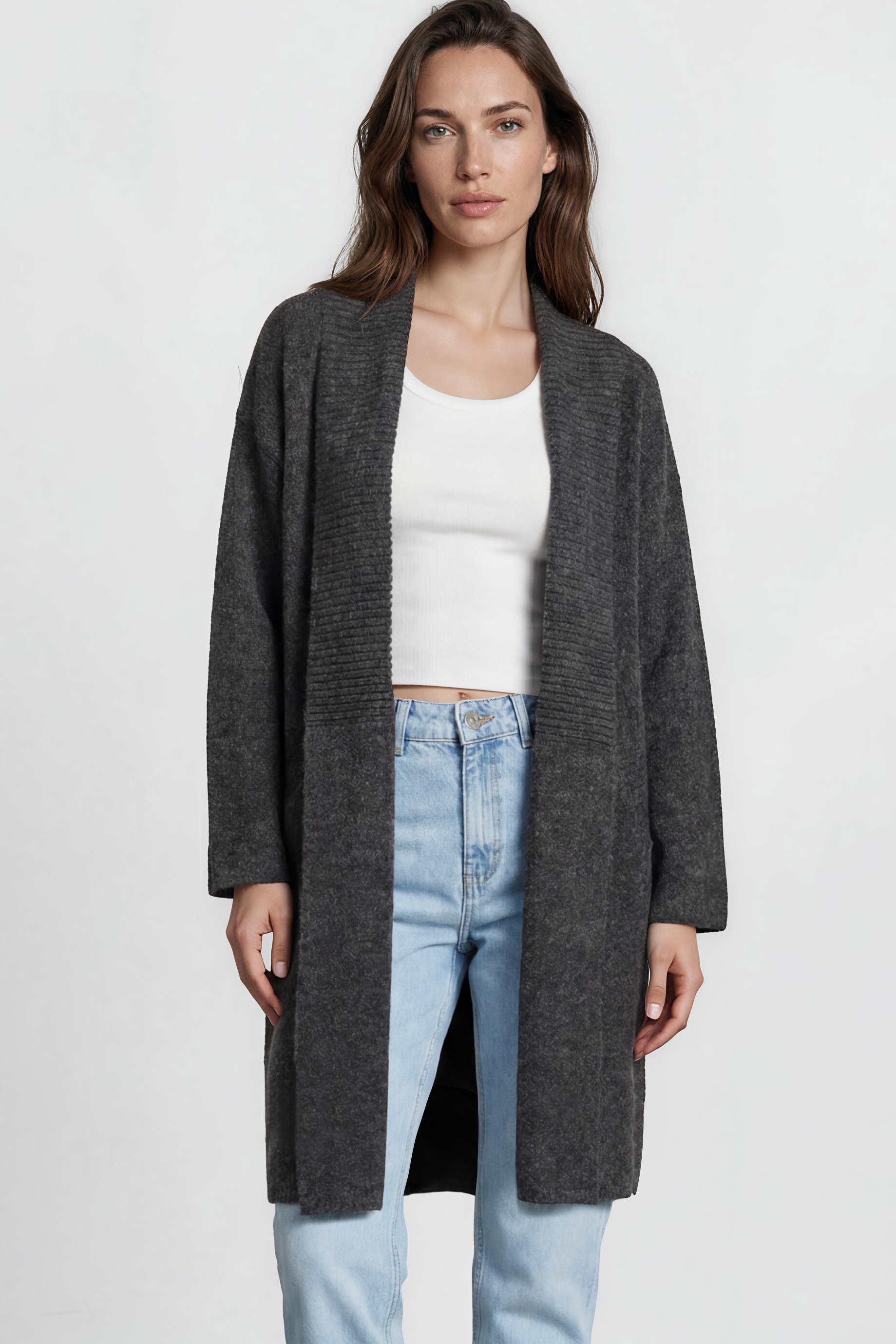 Oswin Cardigan - Open Front Ribbed Shawl Collar Knit with Pockets in Charcoal