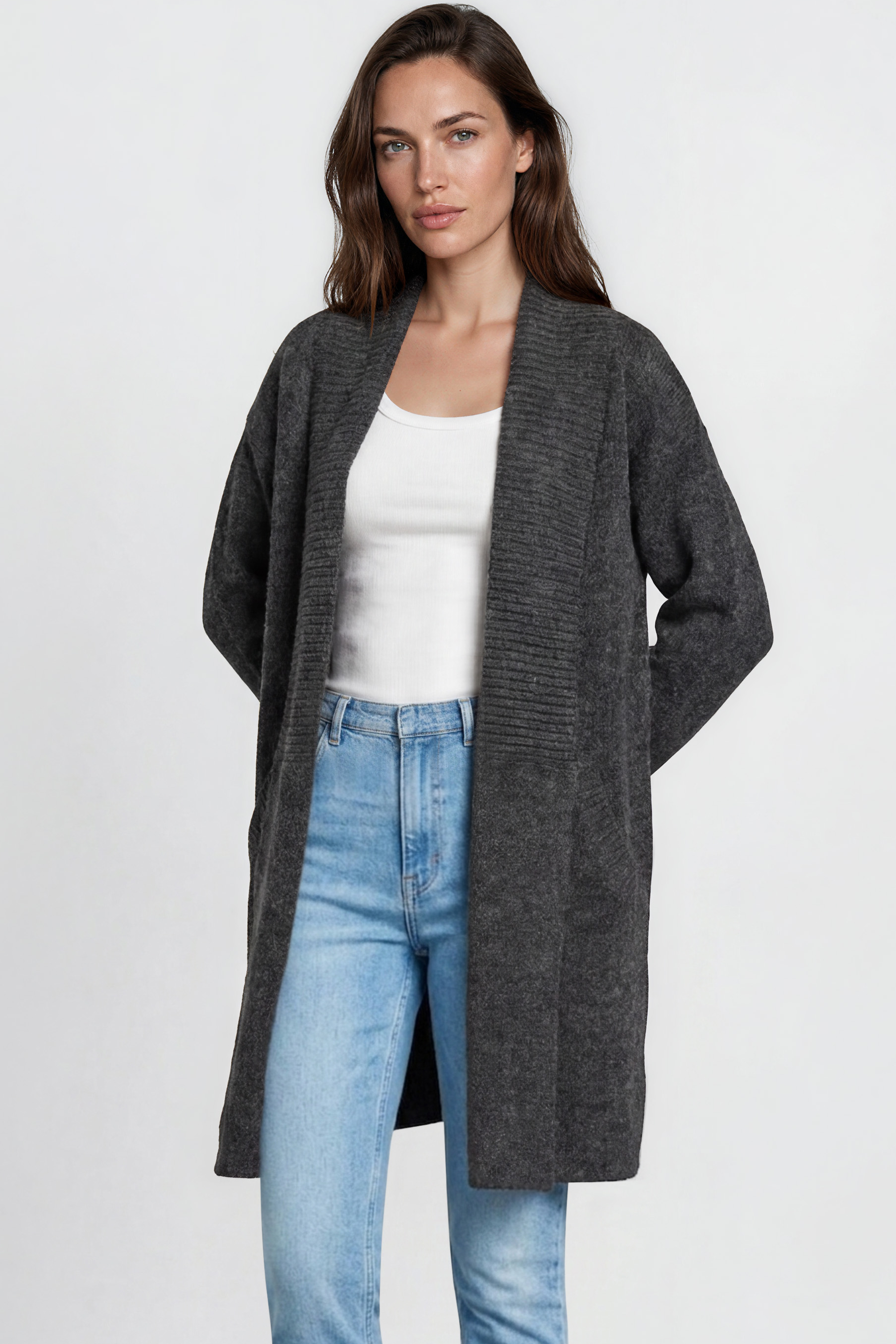 Oswin Cardigan - Open Front Ribbed Shawl Collar Knit with Pockets in Charcoal