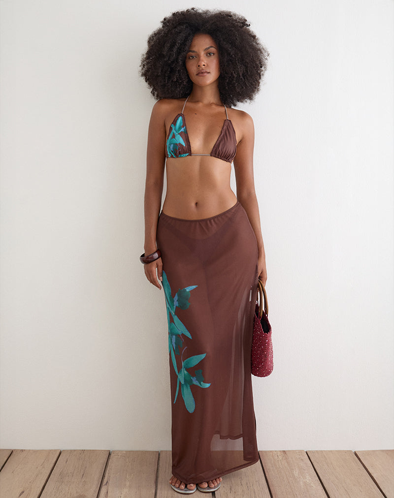 Dartina Maxi Slip Skirt in Brown with Blue Desert Rose