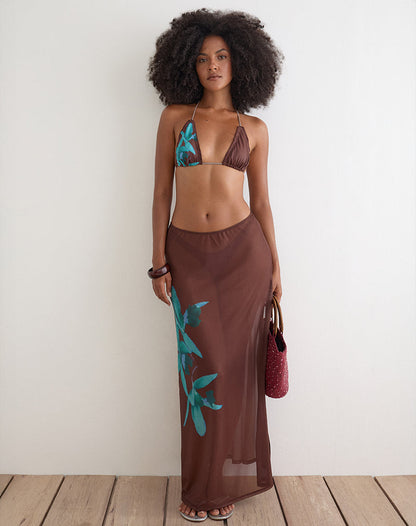Dartina Maxi Slip Skirt in Brown with Blue Desert Rose