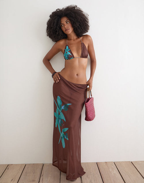 Dartina Maxi Slip Skirt in Brown with Blue Desert Rose