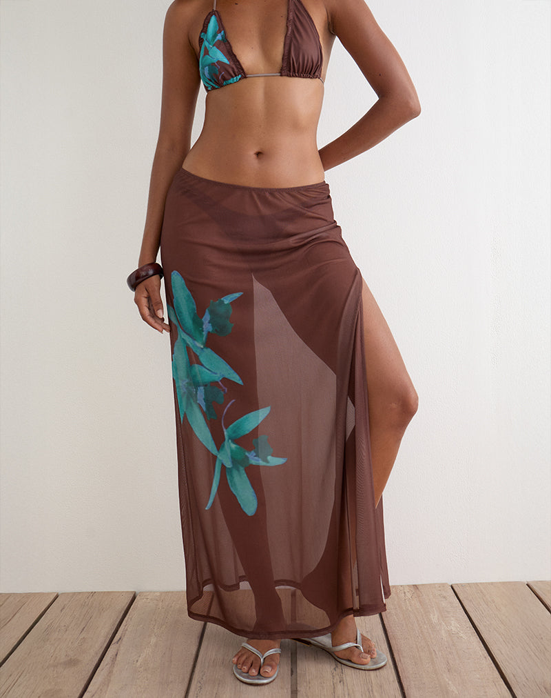 Dartina Maxi Slip Skirt in Brown with Blue Desert Rose