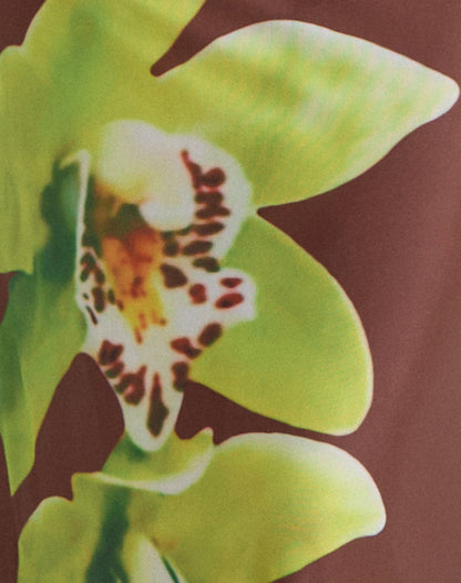 Dartina Maxi Slip Skirt in Brown with Green Dendrobium Flower