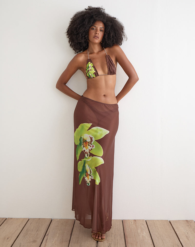 Dartina Maxi Slip Skirt in Brown with Green Dendrobium Flower