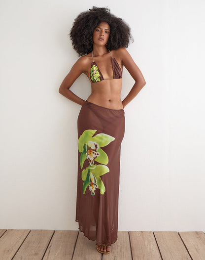 Dartina Maxi Slip Skirt in Brown with Green Dendrobium Flower