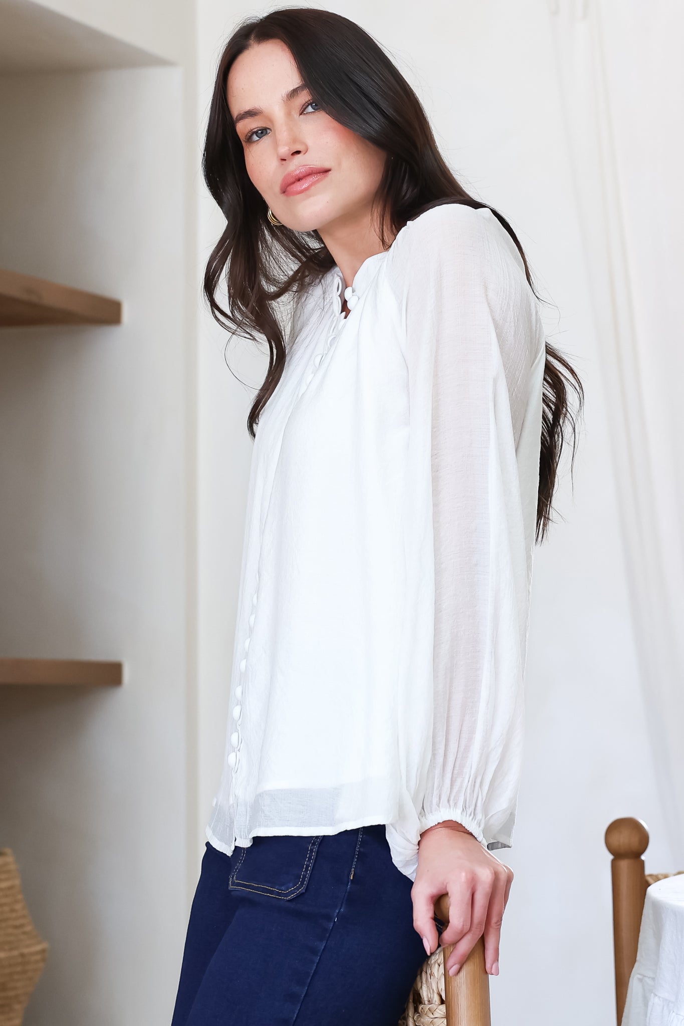 Portia Blouse - Button Down Mandarin Collar Shirt in Cream