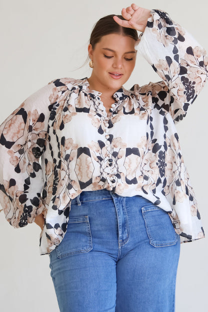 Portia Blouse - Button Down Mandarin Collar Shirt in Calea Print Beige