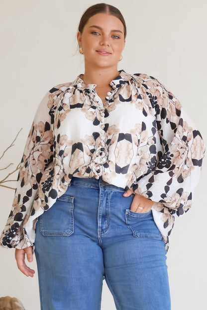 Portia Blouse - Button Down Mandarin Collar Shirt in Calea Print Beige