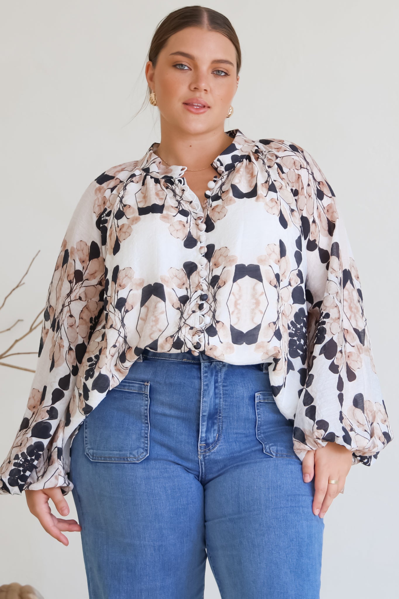 Portia Blouse - Button Down Mandarin Collar Shirt in Calea Print Beige