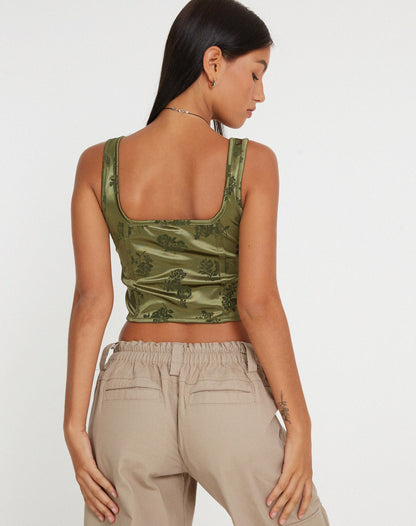 Elciva Corset Top in Rose Flock Loden Green