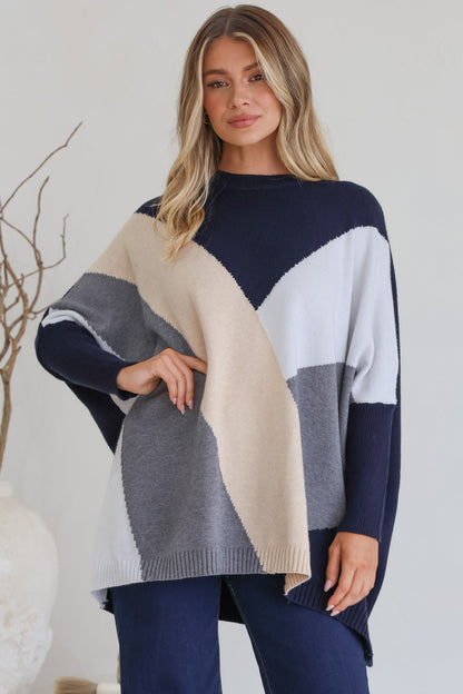Reed Jumper - Colour Block Batwing Long Sleeve Knit in Navy