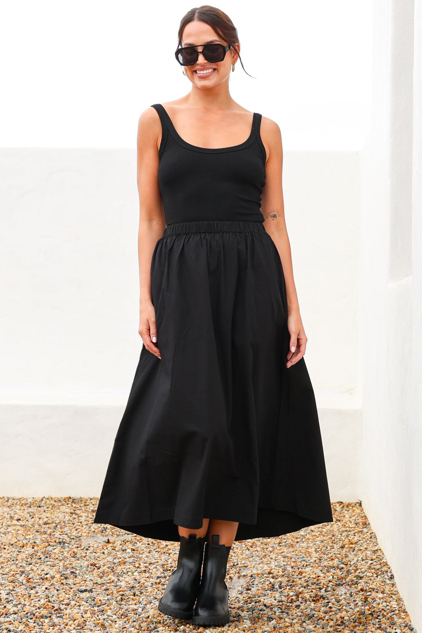 Renny Midi Skirt - High Waisted High-Low Cotton Skirt with Elasticated Waistband in Black