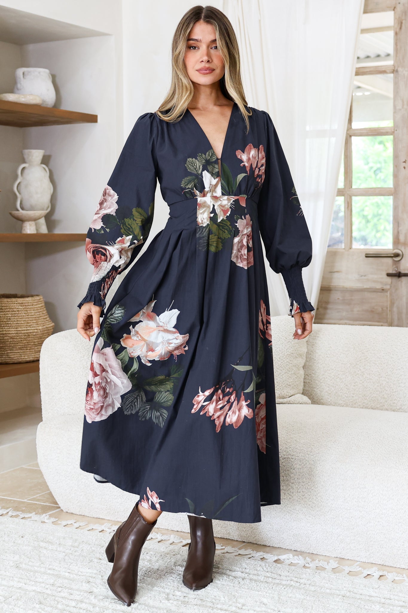 Romaine Midi Dress - V Neck Balloon Sleeve Dress with Shirred Elasticated Cuffs in Mika Print Navy