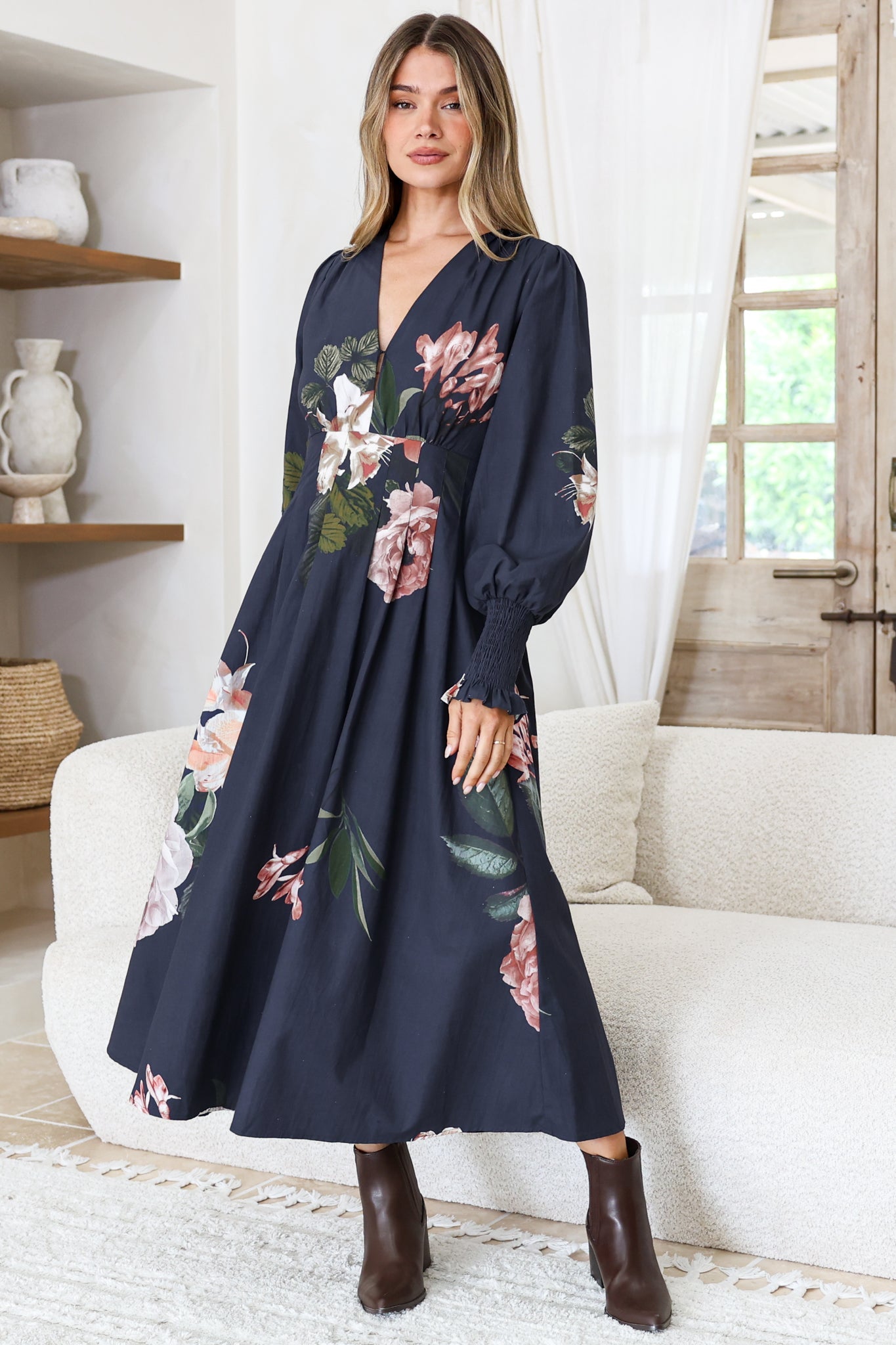 Romaine Midi Dress - V Neck Balloon Sleeve Dress with Shirred Elasticated Cuffs in Mika Print Navy