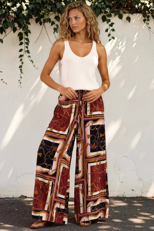 Rune Pants - High Waisted Wide Leg Pants with Elasticated Waistband and Pockets in Celia Print