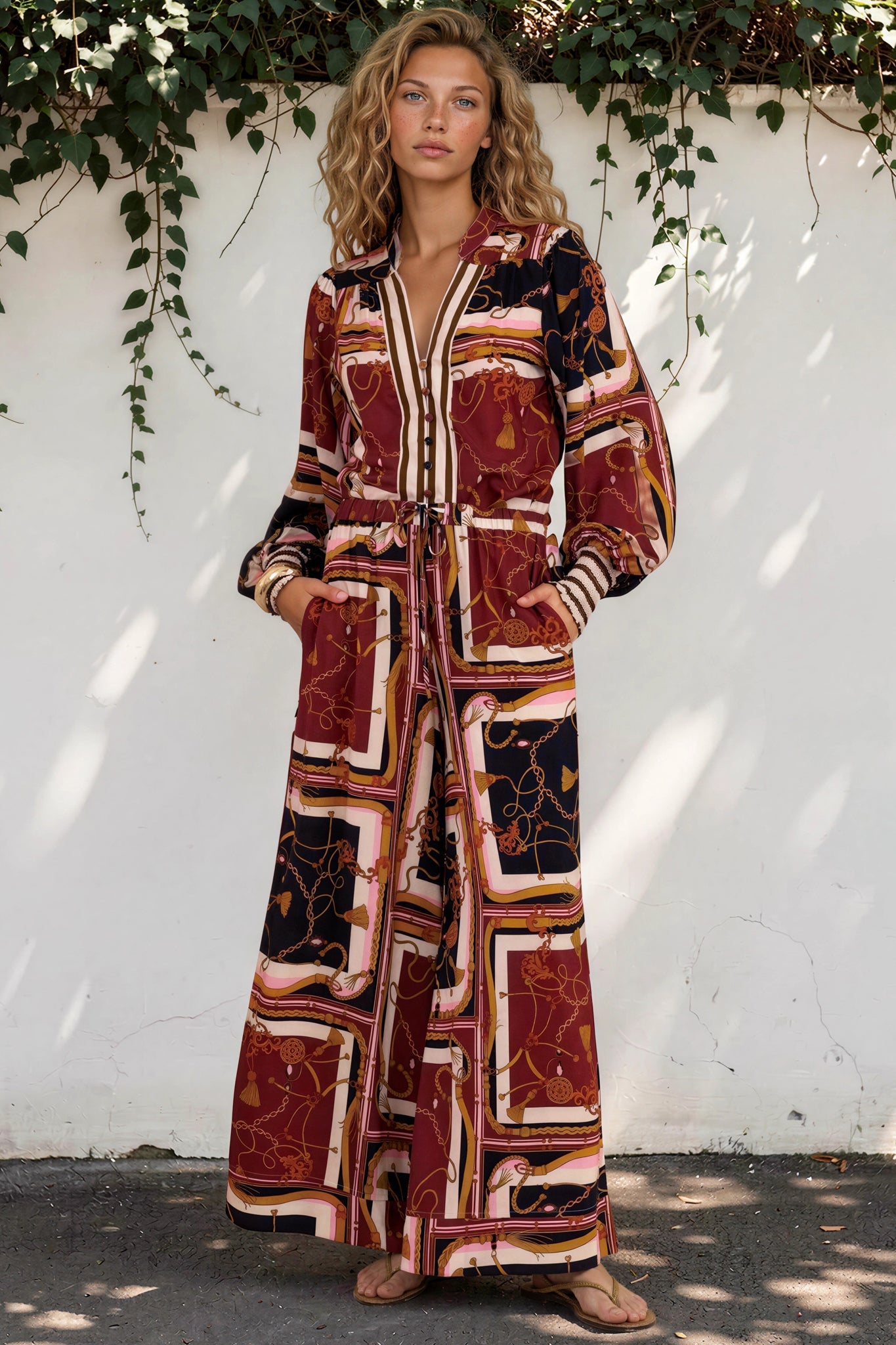 Rune Pants - High Waisted Wide Leg Pants with Elasticated Waistband and Pockets in Celia Print