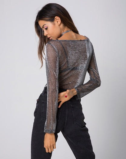 Eda Longsleeve Bodice in Metalic Shine Net Silver