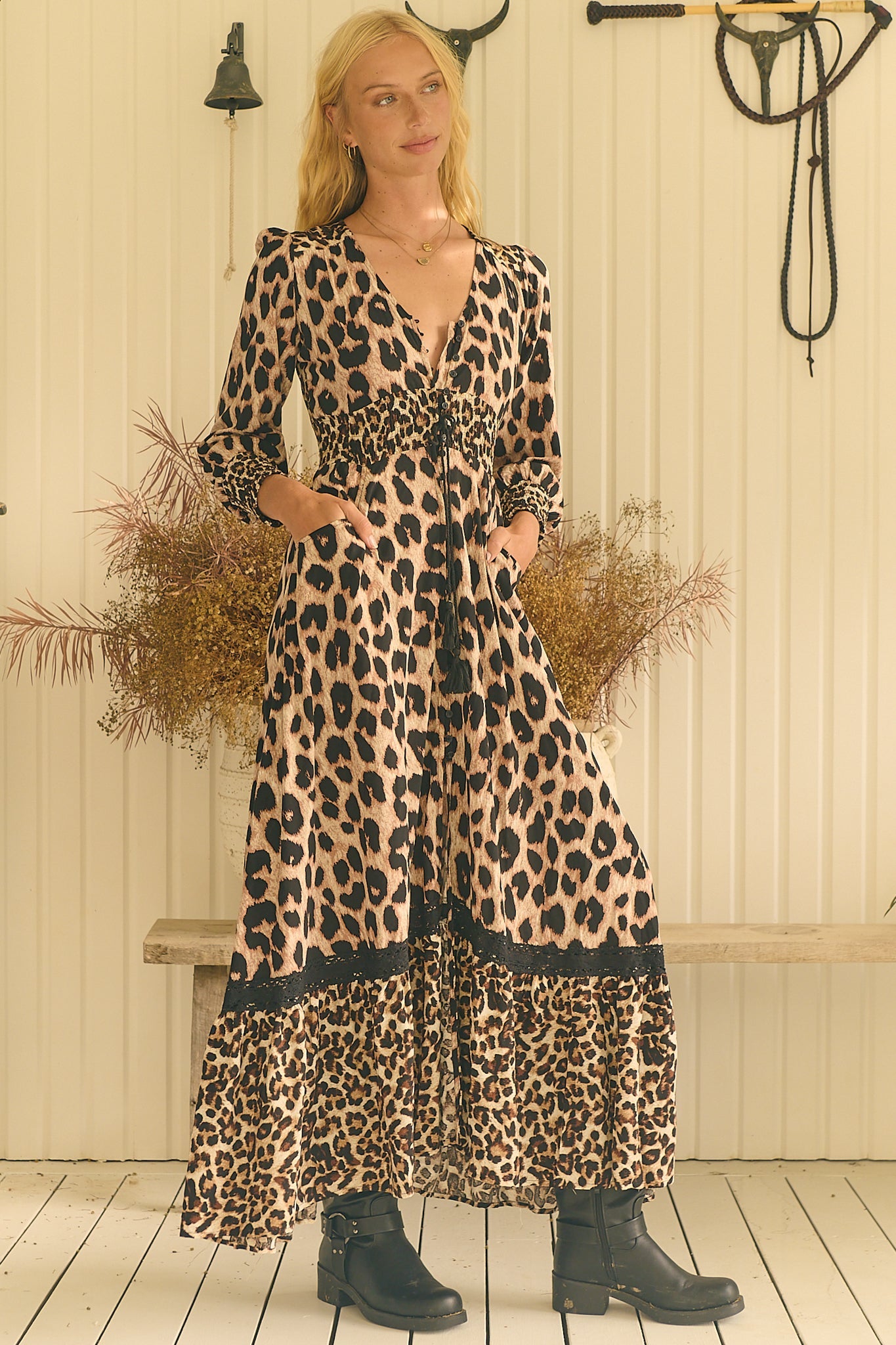 JAASE - Sabrina Maxi Dress: A Line Button Through Dress with Long Sleeves in Untamed Print
