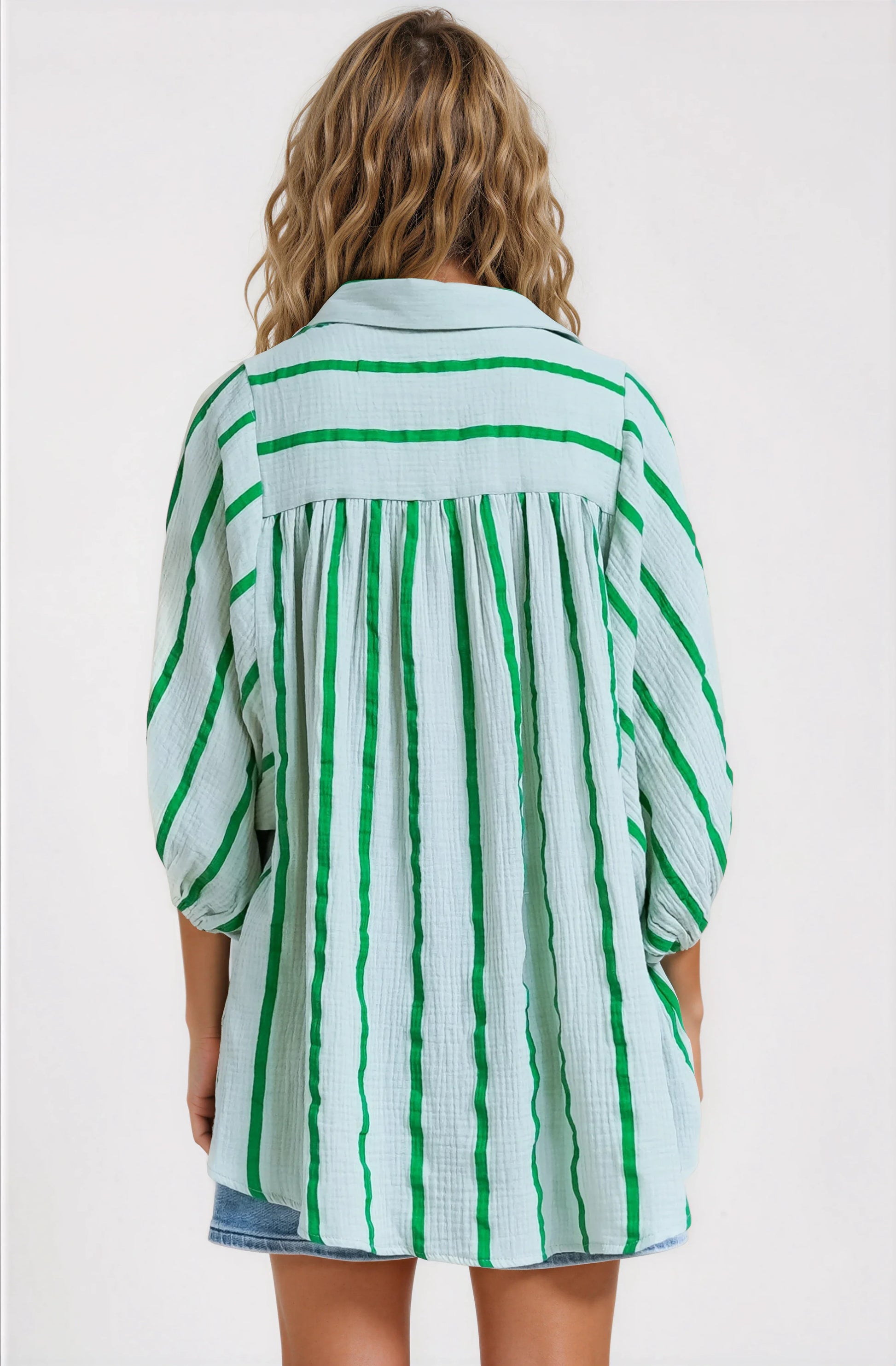 Samsara Shirt - Collared Oversized Button Down with Balloon Sleeves in Green Stripe