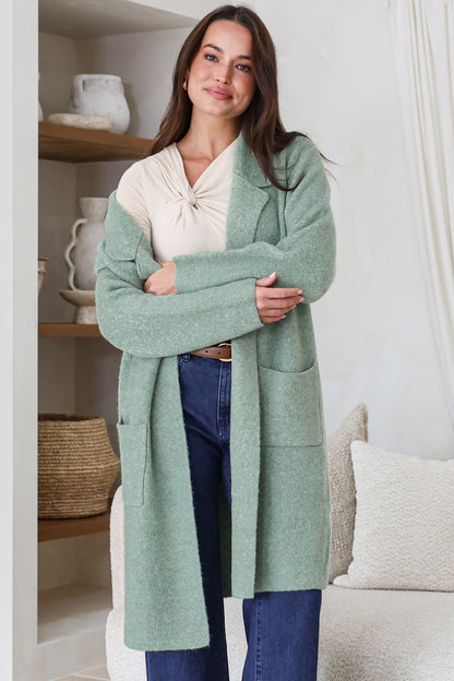 Samson Cardigan - Folded Lapel Collar Coatigan with Pockets in Sage