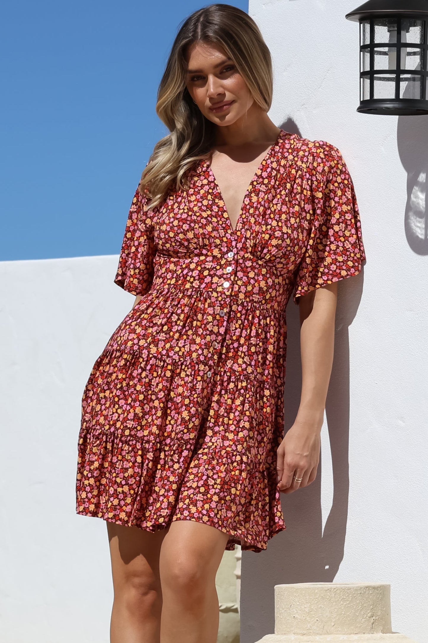 Sana Mini Dress - Bell Sleeve Button Down V Neck Dress in Rosina Print