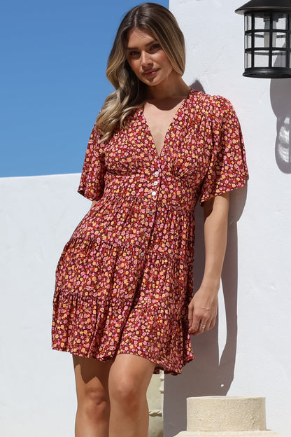 Sana Mini Dress - Bell Sleeve Button Down V Neck Dress in Rosina Print