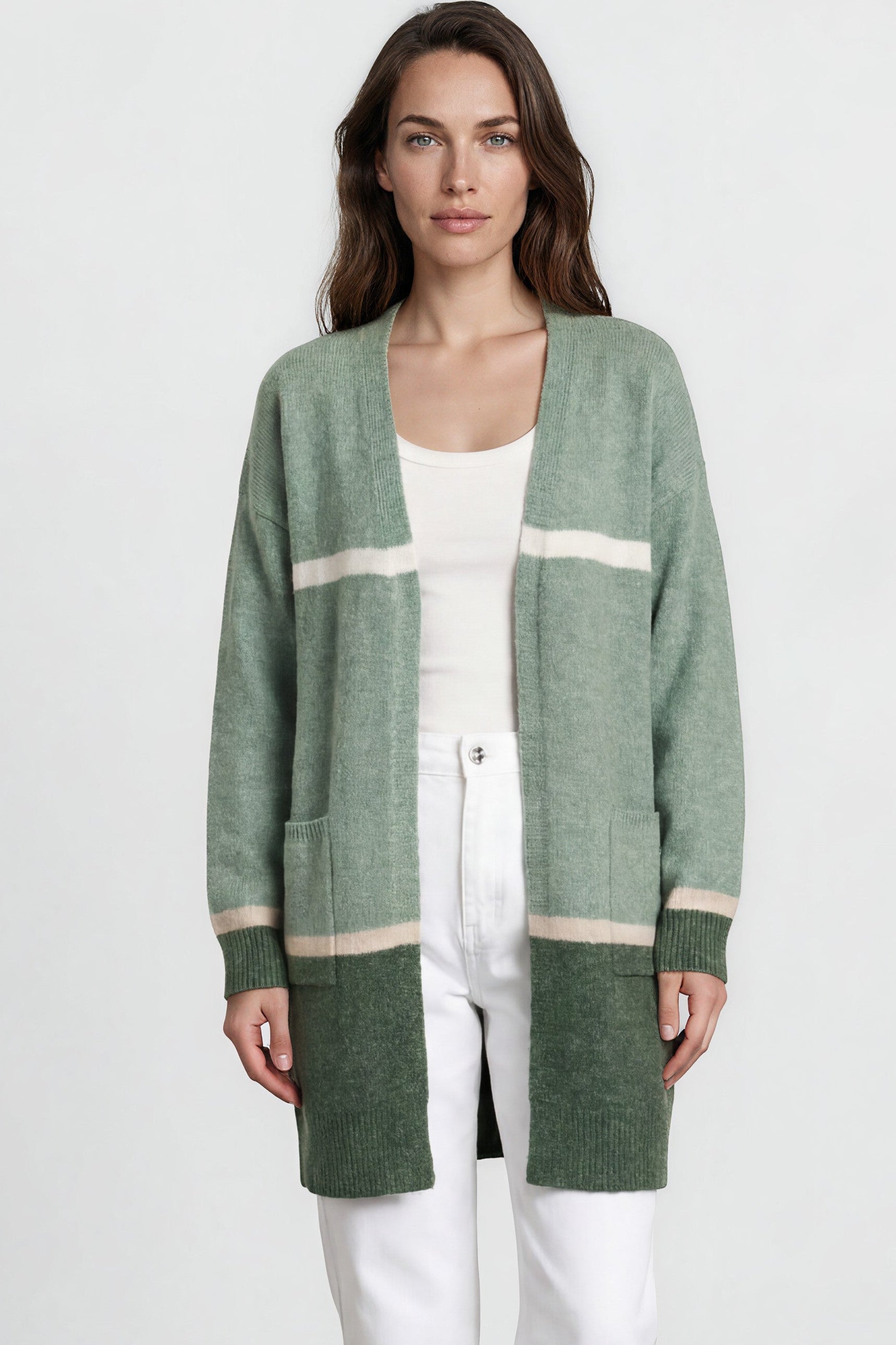 Saylor Cardigan - Open Front Stripe Colour Block Knit with Ribbed Hemlines in Green
