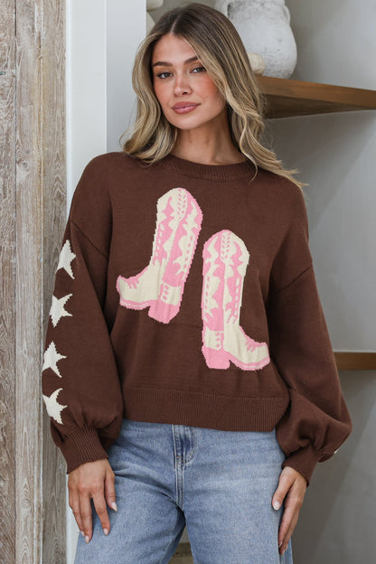 Scoot Jumper - Crew Neck Cowgirl Boot & Star Motif Knit with Balloon Sleeves in Chocolate