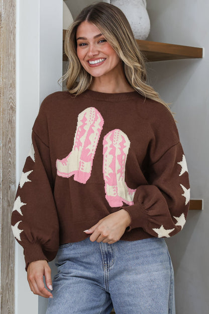 Scoot Jumper - Crew Neck Cowgirl Boot & Star Motif Knit with Balloon Sleeves in Chocolate