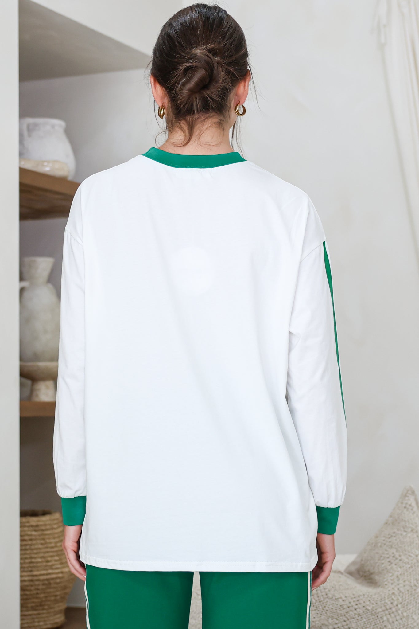 Senorita Margarita Long Sleeve Tee - Crew Neck Contrast Stripe Graphic T-Shirt in White