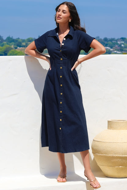 Sharlan Midi Dress - A-Line Button Detailed Denim Dress in Dark Denim