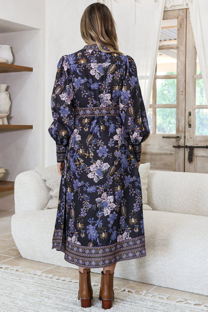 Shaylee Midi Dress - Mandarin Collar Deep V-Neck A Line Button Down with Matching Belt in Luella Print