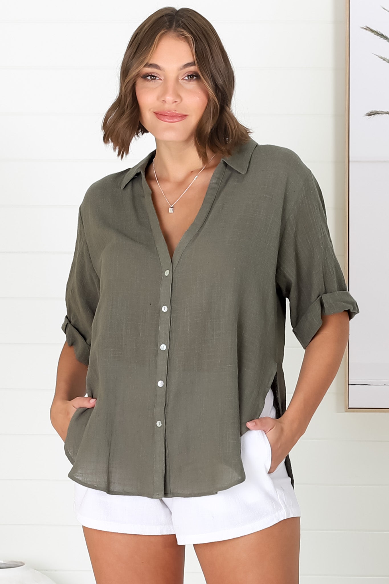 Shelly Shirt - Linen Collared Button Down Shirt in Military Green