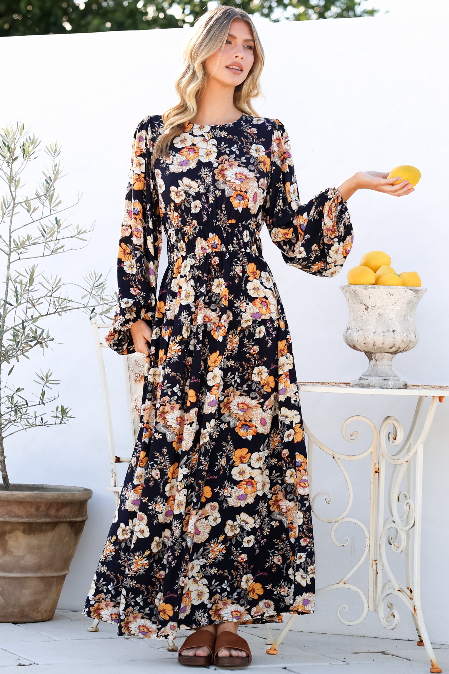 Sheyne Maxi Dress - Long Balloon Sleeve Elasicated Waist A Line Dress in Autumn Print
