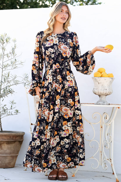 Sheyne Maxi Dress - Long Balloon Sleeve Elasicated Waist A Line Dress in Autumn Print