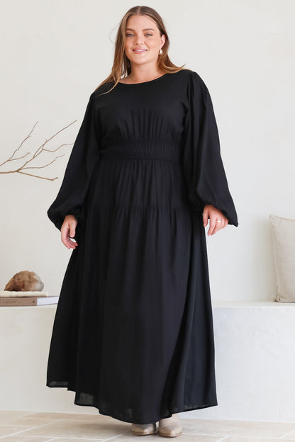 Sheyne Maxi Dress - Long Balloon Sleeve Elasicated Waist A Line Dress in Black