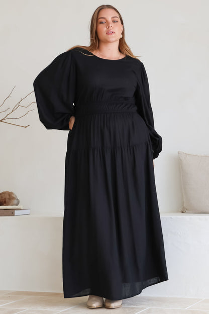 Sheyne Maxi Dress - Long Balloon Sleeve Elasicated Waist A Line Dress in Black