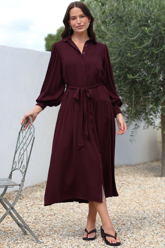 Skandi Midi Dress - Button Down Billow Sleeve Shirt Dress with Waist Tie in Wine