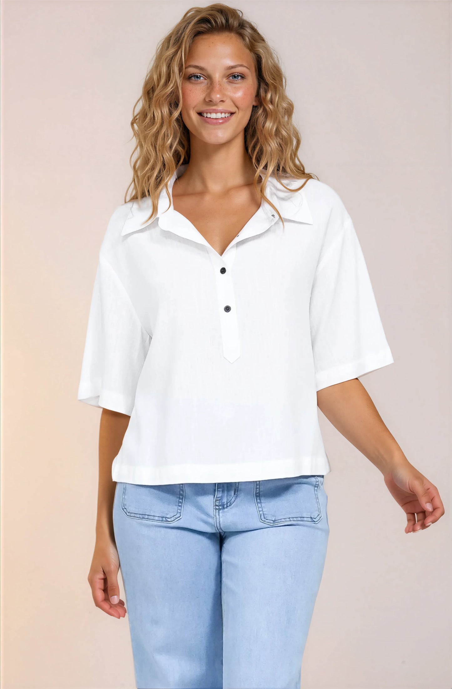 Solana Top - Collared Buttoned Neckline Boxy Tee in White