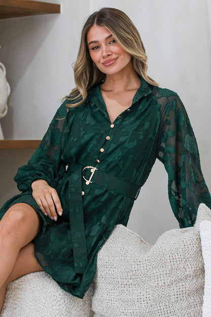 Solange Mini Dress - Floral Motif Overlay Front Button Placket Tiered Dress with Belt in Emerald