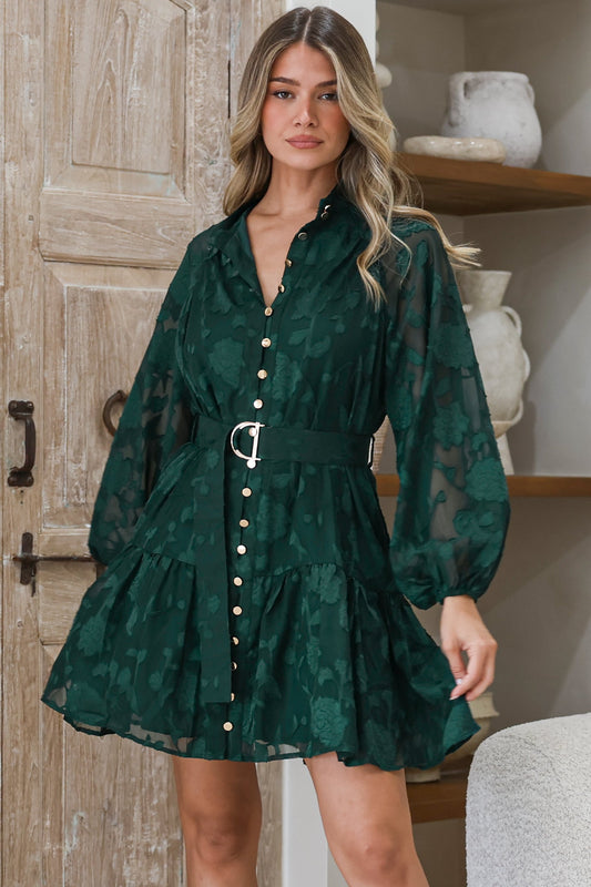 Solange Mini Dress - Floral Motif Overlay Front Button Placket Tiered Dress with Belt in Emerald