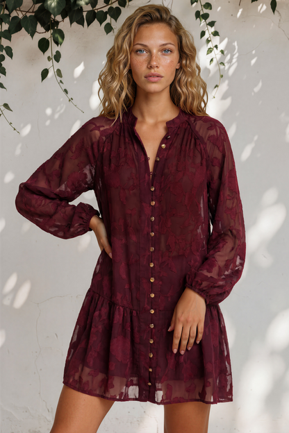 Solange Mini Dress - Floral Motif Overlay Front Button Placket Tiered Dress with Belt in Wine