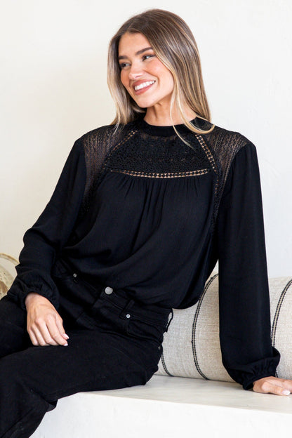 Sorbonne Top - Crew Neck Lace Splicing Pull Over with Balloon Sleeves in Black