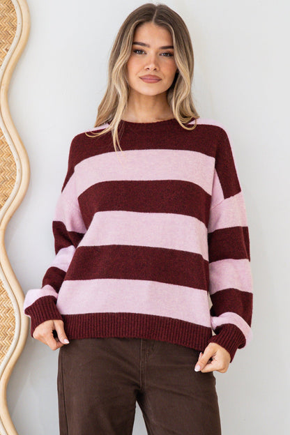 Sumner Jumper - Crew Neck Stripe Knit with Ribbed Hemlines in Wine/Pink
